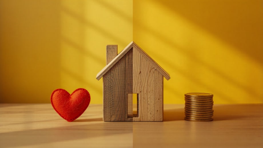 Casita con un corazón de fieltro a un lado y monedas doradas al otro