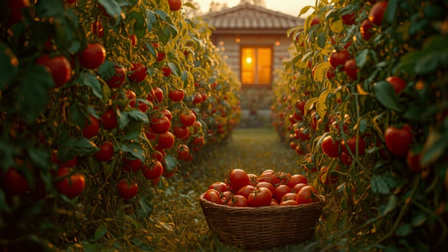 La casa que produce: huerta con tomates maduros y la casa encendida al fondo