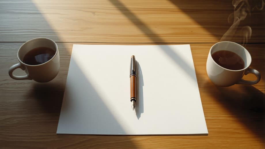 Renovación del contrato de arriendo: pluma, hoja en blanco y dos tazas sobre la mesa