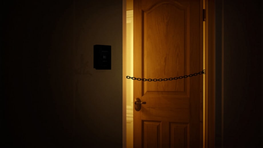 Mostrar la casa para venderla sin estafas: puerta entreabierta con cadena de seguridad