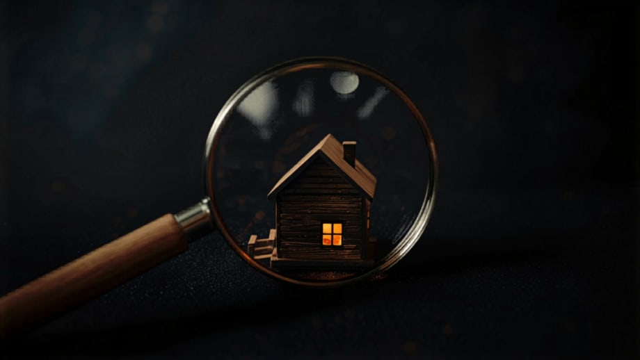 Lupa examinando una casa de madera, rincones iluminados