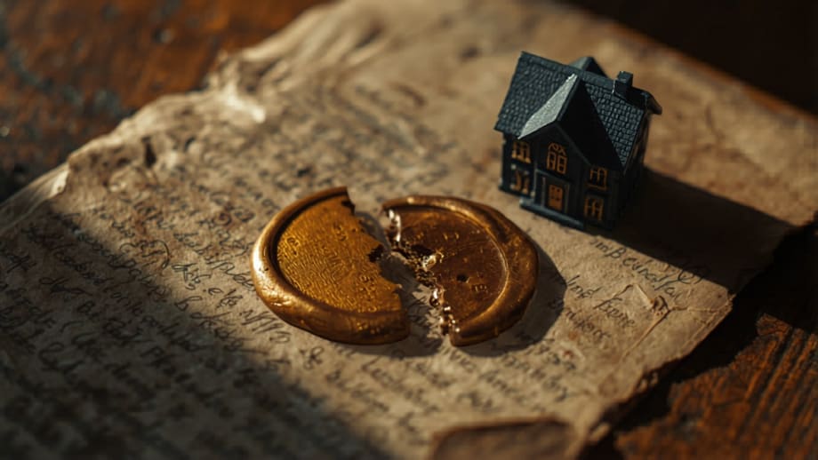 Dos timbres de impuesto, uno anulado, junto a una casita