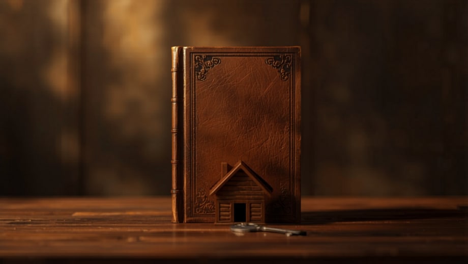 Libro de leyes de pie amparando a una casita de madera con su llave