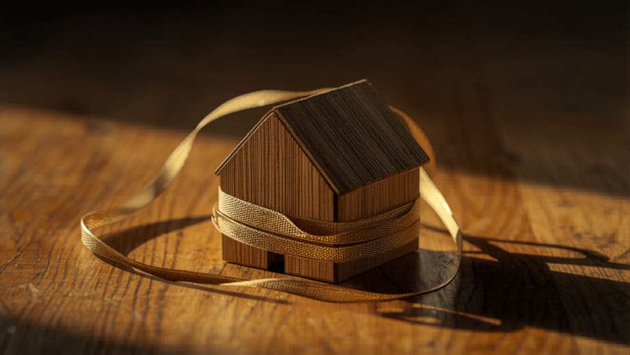 Casa de madera envuelta por un lazo dorado holgado