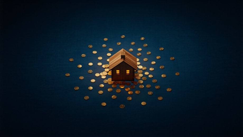 Casa rodeada de pequeñas monedas doradas en órbita