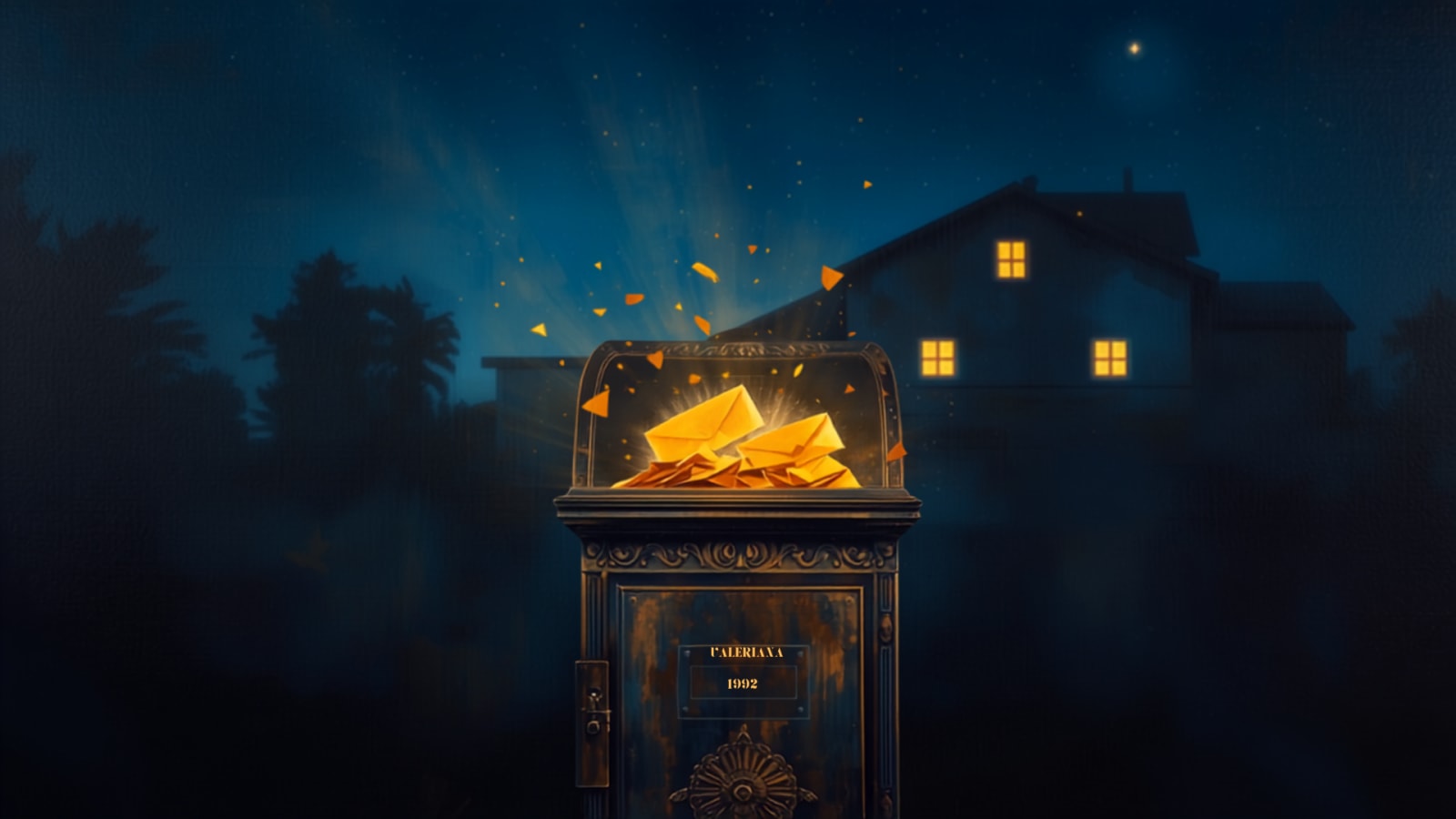 Buzón de latón antiguo y noble en primer plano desbordando sobres dorados que brillan con luz propia, frente a una casa chilena que duerme tranquila bajo un cielo nocturno estrellado