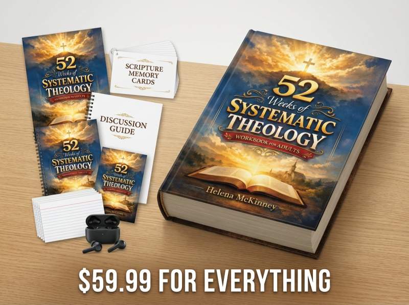 The complete 52 Weeks of Systematic Theology Workbook system including workbook, audiobook, study companion, scripture memory cards, and discussion guide spread on a warm wooden table