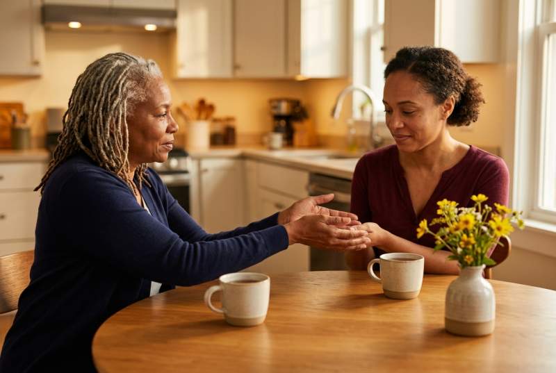 Two women at a kitchen table, one handing something to the other in warm afternoon light