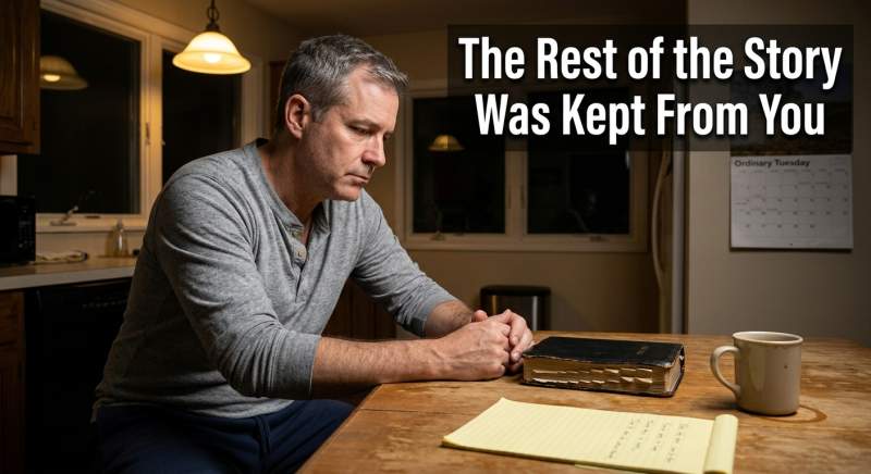 A devoted reader studying scripture, sensing something essential is missing from the text