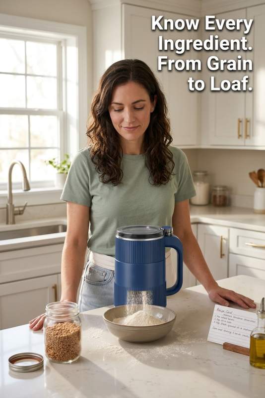 FreshGrain Mill in use on a kitchen counter, with fresh-ground flour in a bowl alongside whole wheat berries and a freshly baked sourdough loaf