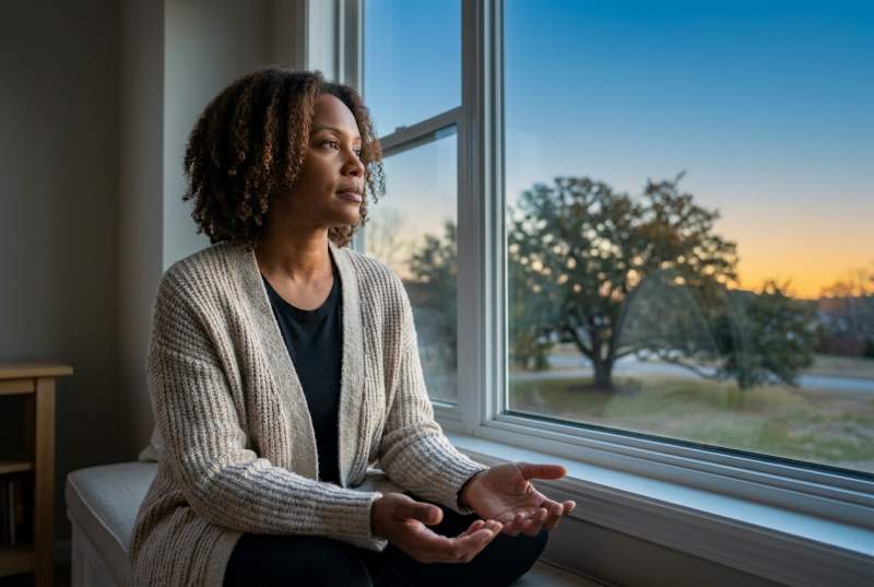 A woman awake at 3 AM looking at her phone — the spiritual dimension of nighttime anxiety