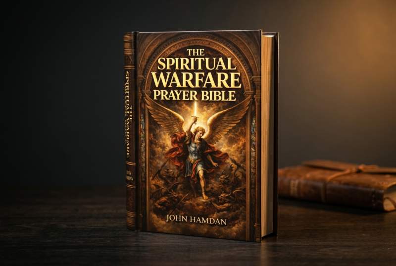 The Spiritual Warfare Prayer Bible open to a battle-specific section, showing targeted Scripture-grounded declarations