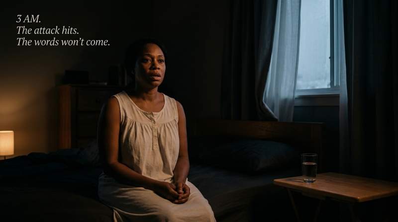 Woman sitting in dim light at night with hands clasped in prayer, reaching for a book on her nightstand