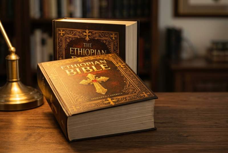 The Ethiopian Bible Complete 88 Books displayed open showing large-print multi-volume format with clear typography