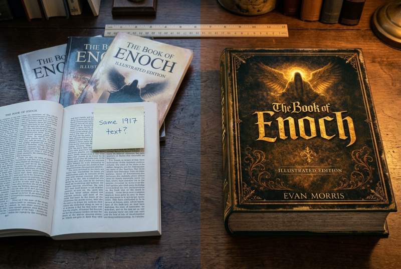 A shelf of nearly identical Book of Enoch paperback editions showing the commodity Amazon marketplace problem