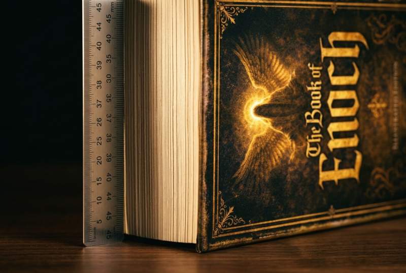 A Bible open to the book of Jude with the Enoch quotation in verses 14 and 15 highlighted, placed beside the Book of Enoch illustrated edition