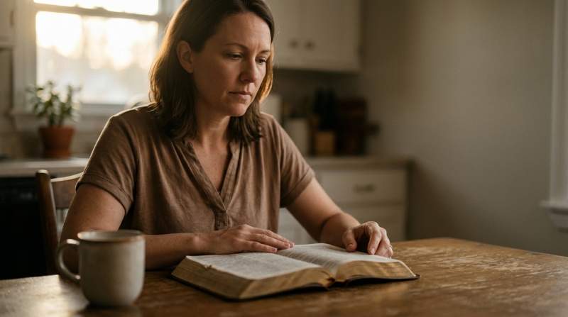 Woman sitting in church pew holding a Bible, looking thoughtful and uncertain