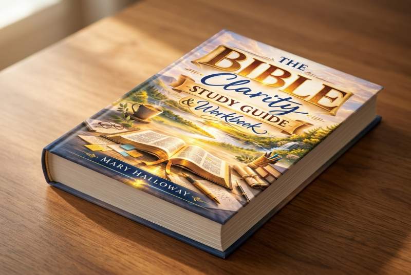 The Bible Clarity Study Guide and Workbook open to a structured lesson page with the five-step Bible Study Method Blueprint