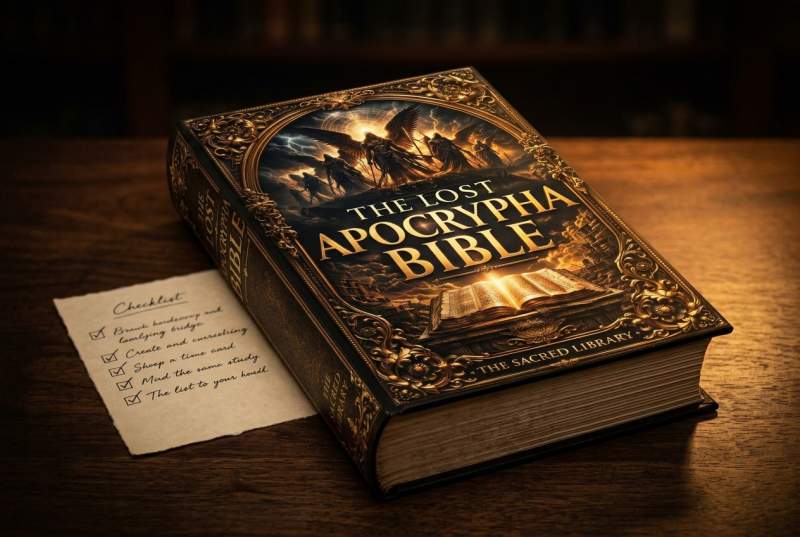The Lost Apocrypha Bible closed on a wooden desk with candlelight and a magnifying glass beside it