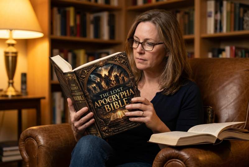 Person researching apocryphal texts at a desk with a closed book, notebook, and candlelight