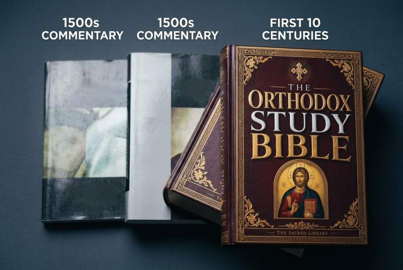 Comparison of Protestant and Catholic study Bibles laid open side by side showing different commentary traditions in the footnotes