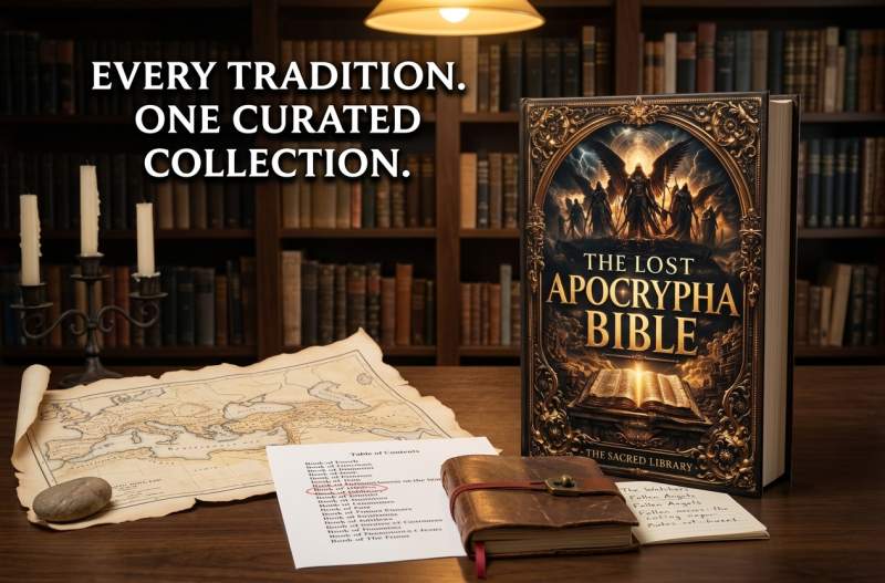 The Lost Apocrypha Bible alongside evidence of its collection's depth and completeness — a serious, authoritative reference work
