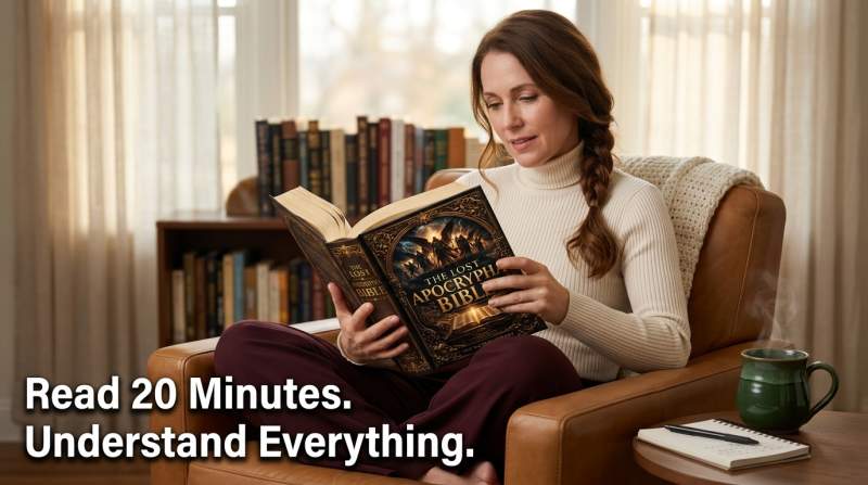 A reader sitting peacefully with The Lost Apocrypha Bible open, coffee beside them, experiencing the complete collection of removed scriptures for the first time