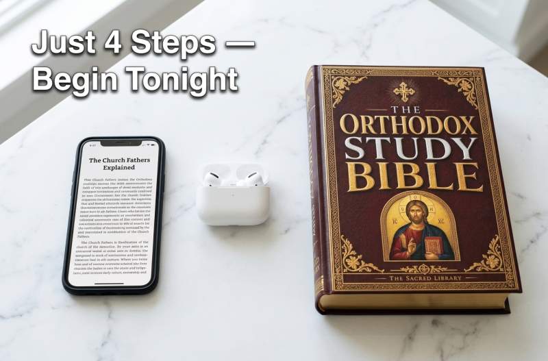 A phone showing the instant digital download alongside the physical Orthodox Study Bible — simple to start today