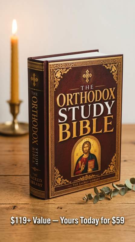 Premium hero shot of the Orthodox Study Bible Complete Spiritual Bundle — warm and inviting final confirmation before purchase