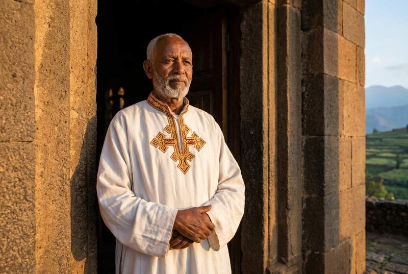 Ethiopian Orthodox priests carrying illuminated manuscripts in a traditional religious procession at a stone church
