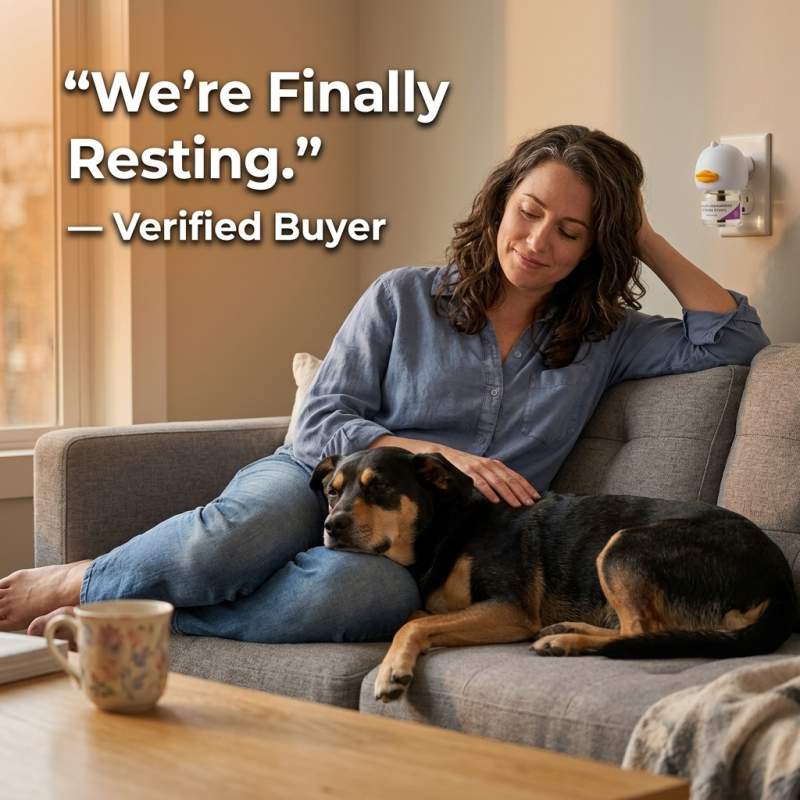 Warm, authentic lifestyle image of a relieved dog owner finally resting with their calm dog
