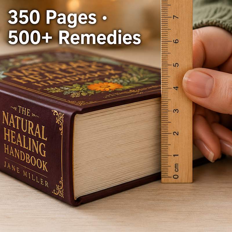 Macro shot of The Natural Healing Handbook spine showing thickness and heft of 350 pages against a clean background