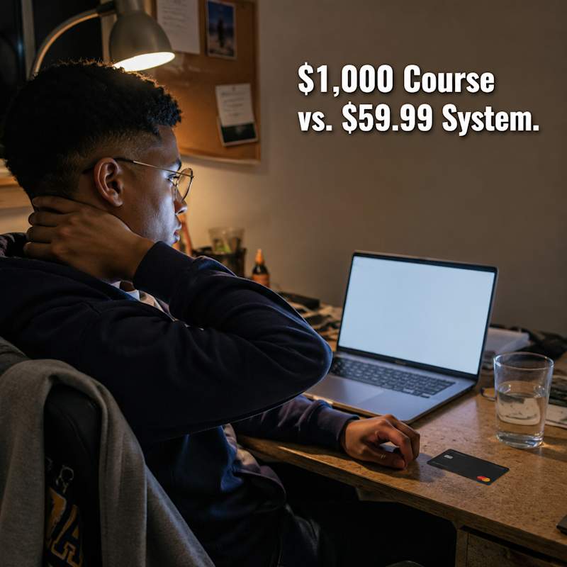 A college student sitting at a small desk, hand on the back of their neck, processing the price on a laptop checkout screen — the glow of the screen visible but no text legible, a debit card lying on the desk beside the laptop