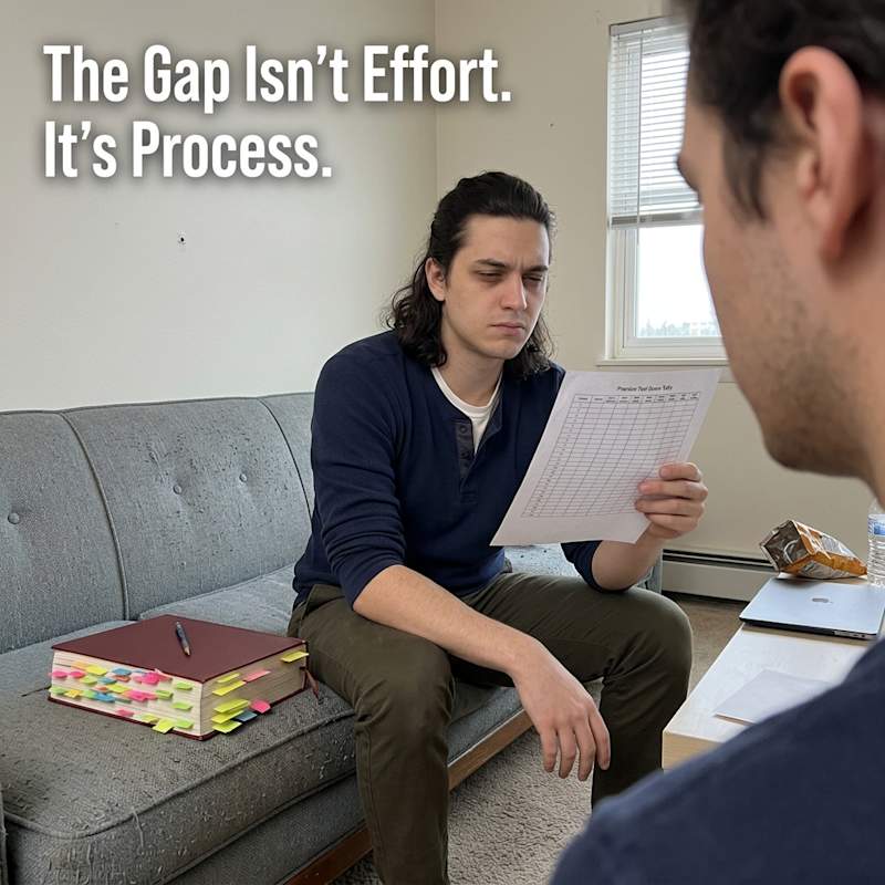 Self-studyer on a couch holding a printed practice-test score page at arm's length, quietly deflated, a sticky-note-covered prep book beside them