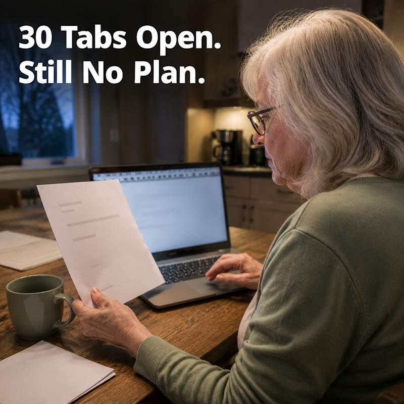 A laptop screen showing multiple browser tabs open with estate planning research, and a hand holding a useless printed form — the dead-end of online searching
