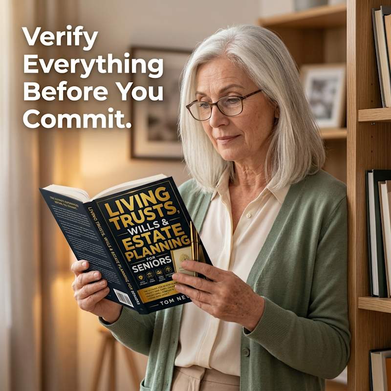 A woman in her early 70s standing near a bookshelf, holding the closed book and examining the back cover — a pre-purchase evaluation moment