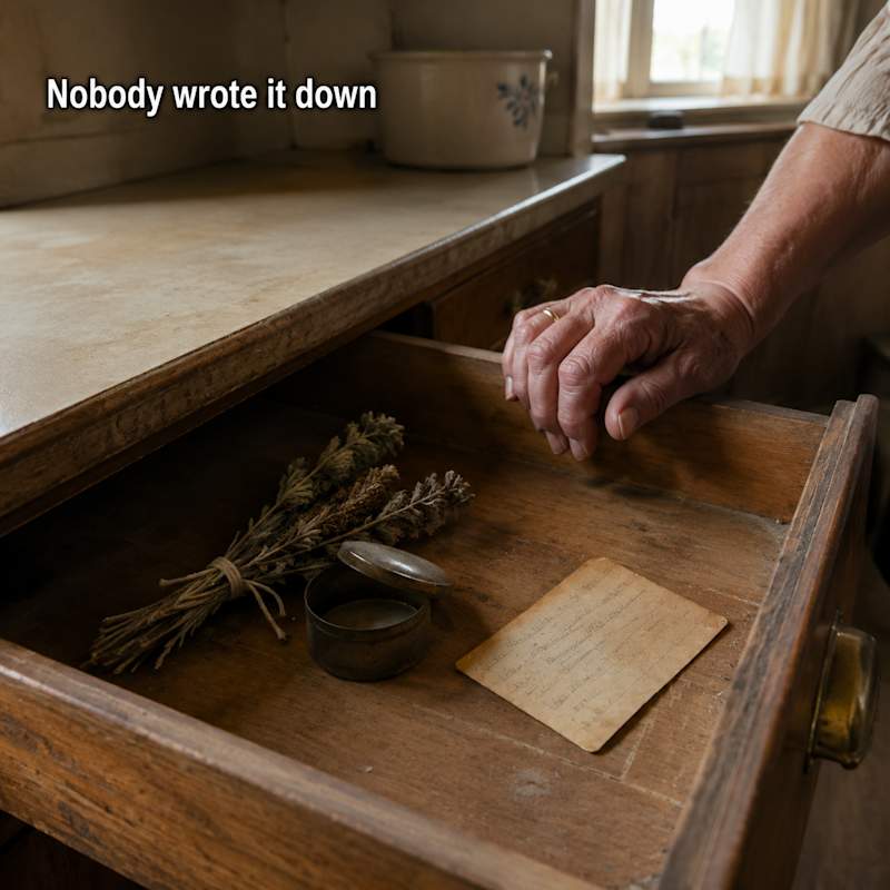 Close-up of an open kitchen drawer revealing a few dried herb bundles, a tarnished tin, and a single yellowed handwritten index card — the last trace of lost family remedies