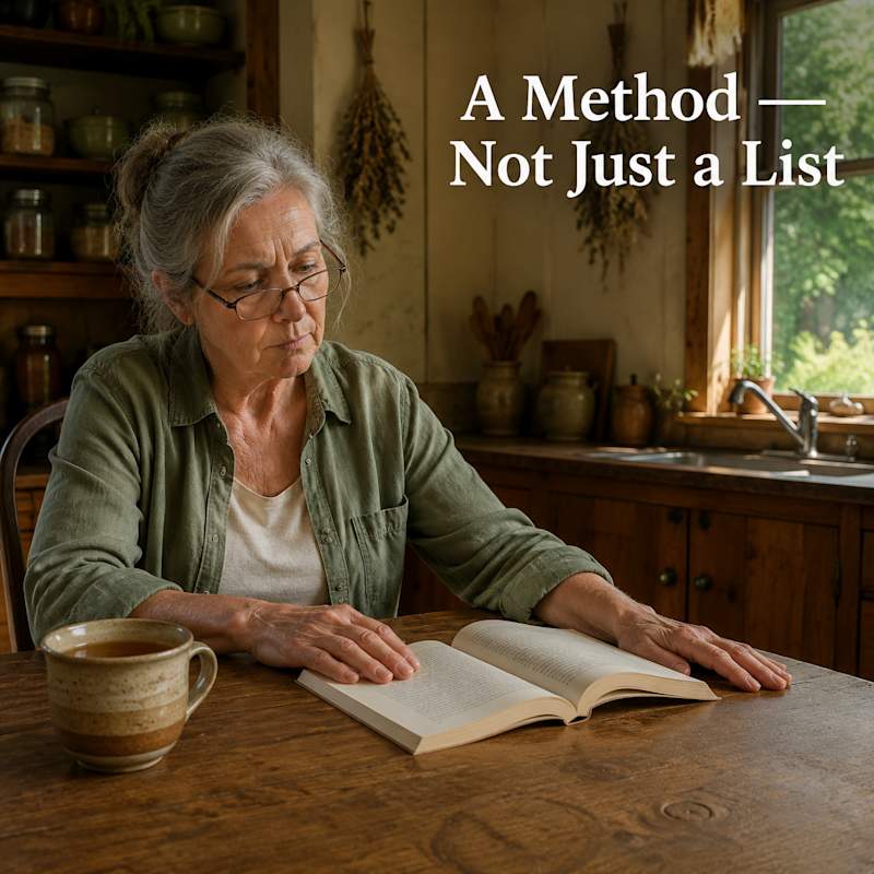 Woman in her mid-60s sitting at a kitchen table, reading glasses low on her nose, looking down at a thin open paperback with weary resignation — the frustration of another remedy book with no real method