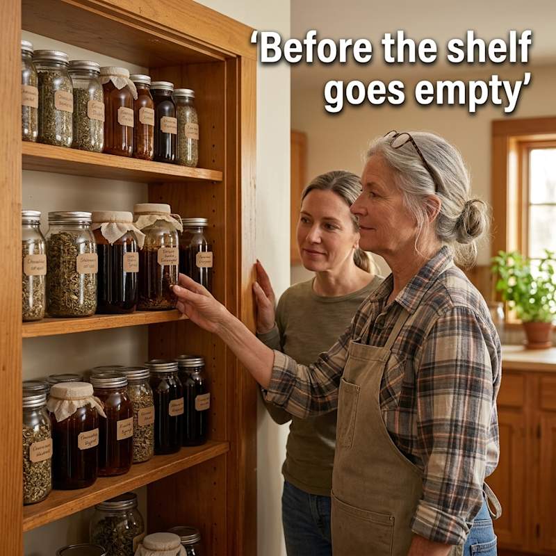 Margaret and her adult daughter standing at an open kitchen pantry stocked with rows of hand-labelled amber glass jars of homemade tinctures and dried herbs