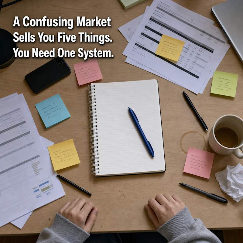 Overhead view of a chaotic desk covered in sticky notes, printouts, and scattered prep materials with one clean untouched notebook in the center