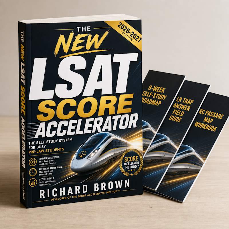 The New LSAT Score Accelerator paperback book standing upright with bonus study booklets fanned beside it