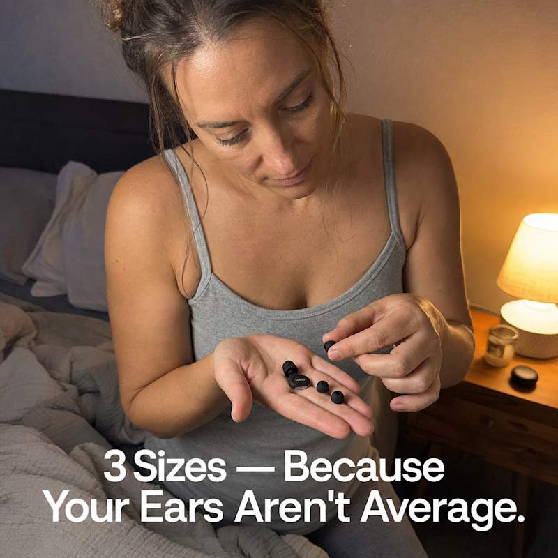 Woman sitting on the edge of the bed at night comparing S/M/L earplug tip sizes in her palm