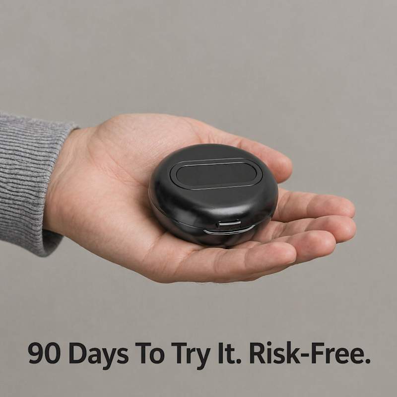 90-day guarantee badge beside Dormio carry case in palm of hand