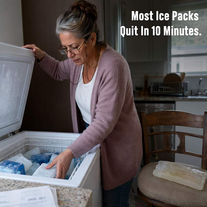 A gel ice pack going lukewarm on a knee, next to a rental cold-therapy machine price tag