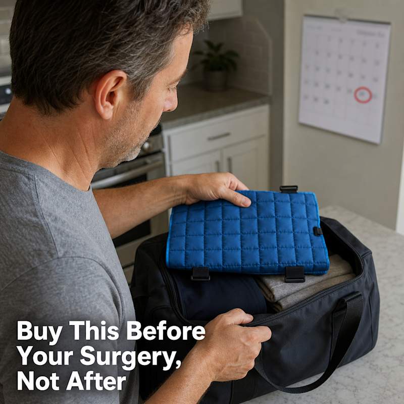A man in a sling sitting quietly at home with a shoulder wrap strapped on, his other arm free