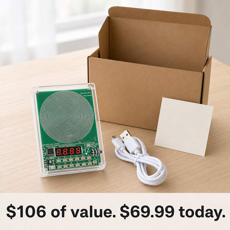 Flat-lay of the Terravox generator, USB cable, and box styled like a value receipt