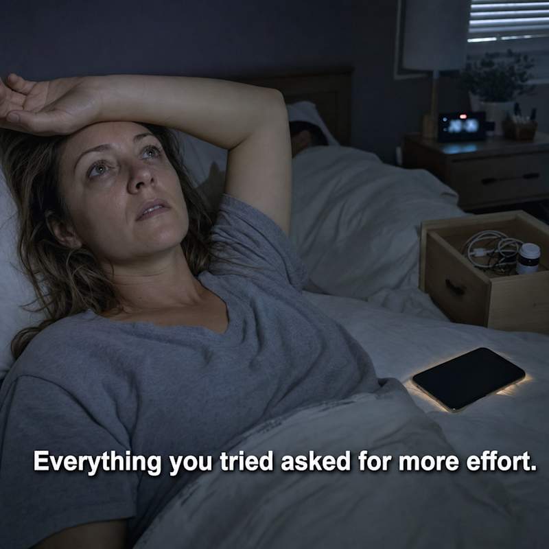 Nightstand drawer full of dead wearables and a half-empty melatonin bottle, phone glowing 3:17 AM