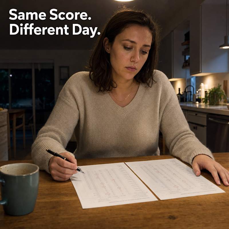 Woman at a kitchen table deciding whether to enroll in a $1,000 LSAT course