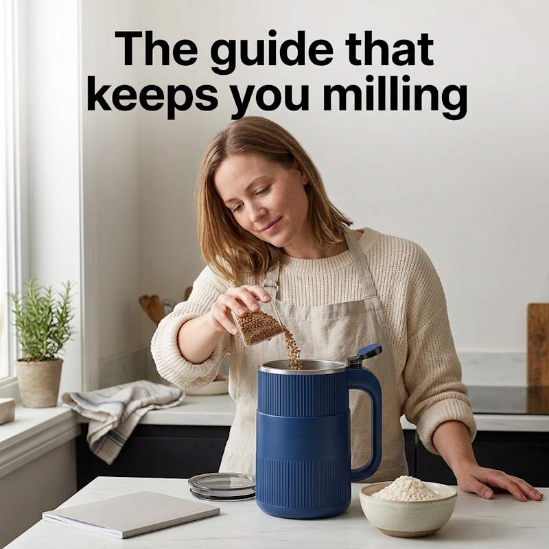 Pouring wheat berries into Grainbloom with the Baking Guide nearby