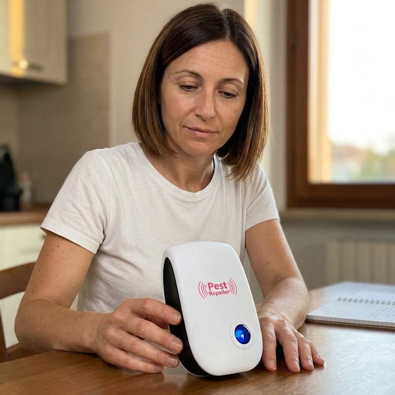 Dispositivo a ultrasuoni bianco appoggiato sul tavolo mentre viene osservato